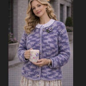 Hand Knit Purple Crochet Cardigan L Silver Button‎ Boho Grandmacore Cozy Sweater